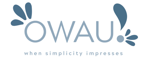 Logo with the text 'OWAU' and tagline 'when simplicity impresses' on a white background